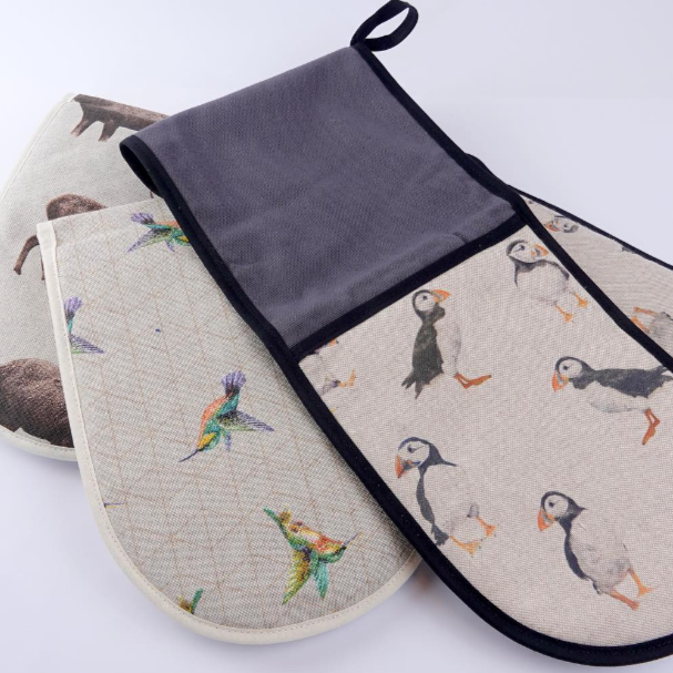 puffins, humming bird, and stag oven gloves