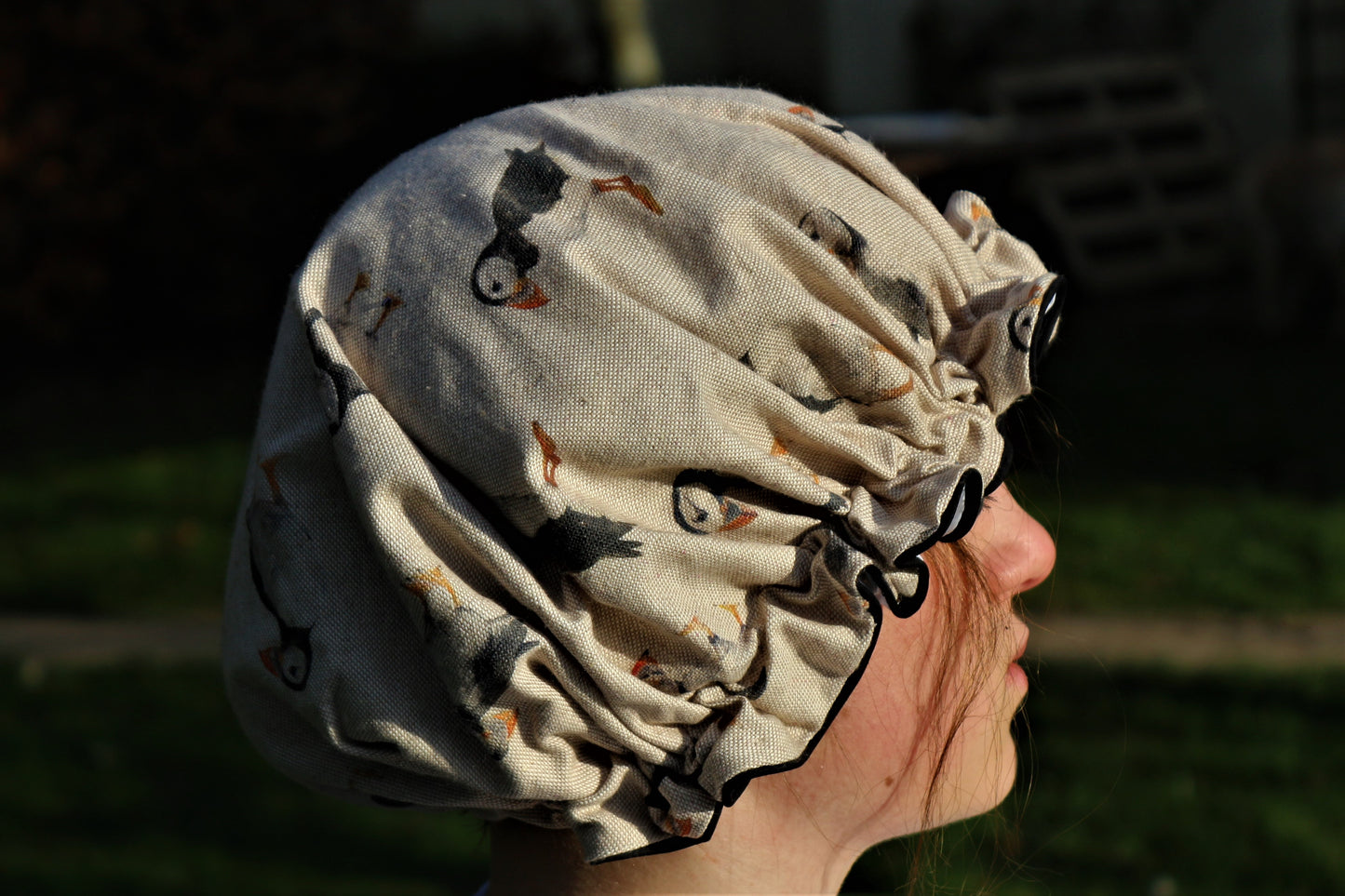 puffins shower hat lifestyle on head