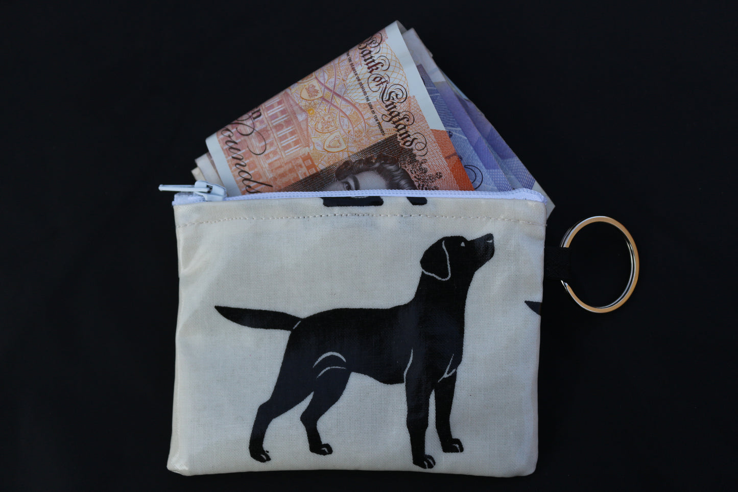 black labrador purse with money notes spilling out