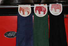 Load image into Gallery viewer, Hang ups, Kitchen towels, Spice Elephants on Navy Blue, Green or Black Towel
