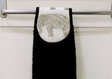 Load image into Gallery viewer, Hang ups, Kitchen towels, Grey Elephants on Black Towel
