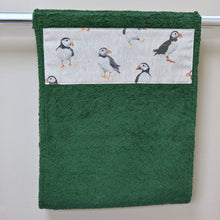 Load image into Gallery viewer, Hand Roller Towels, Puffins, Black, Navy Blue or Green Towel
