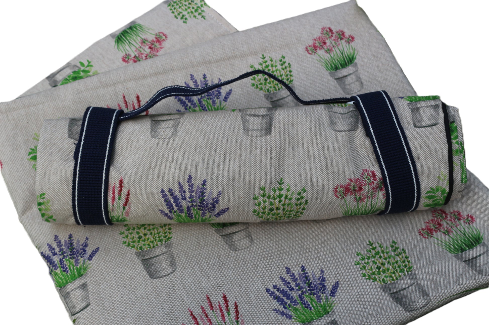 herb garden picnic rug rolled up with strap