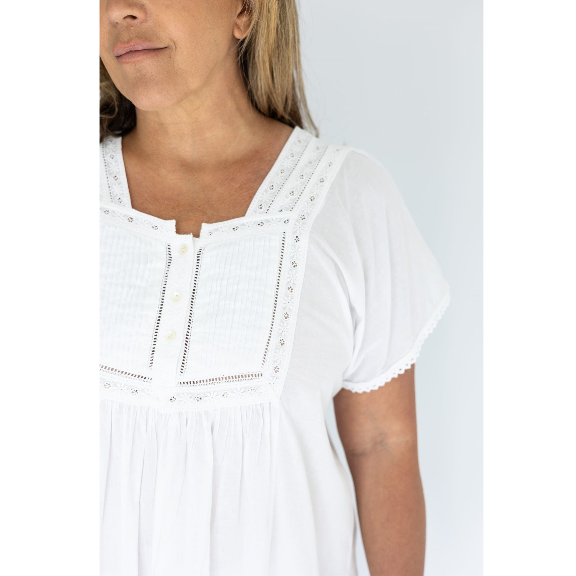 close up of bodice and sleeve modelled