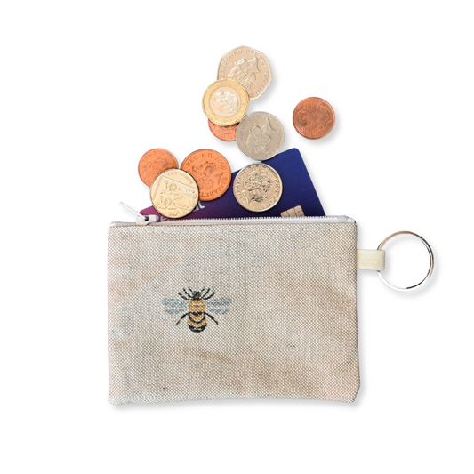 bees design purse with coins and cards spilling out