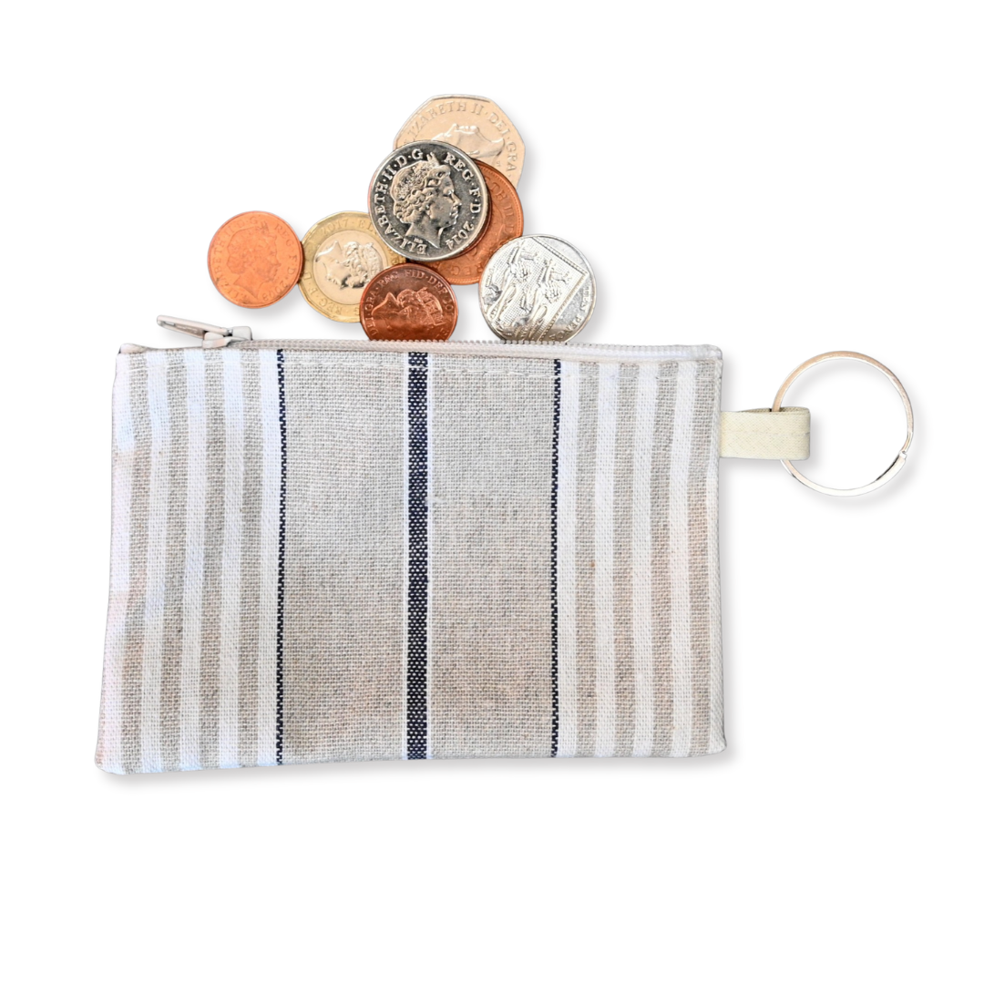 blue stripe purse with coins spilling out