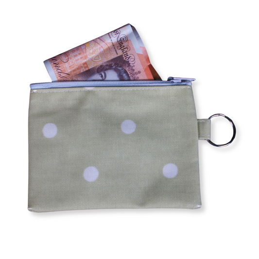 green spots purse with money notes spilling out