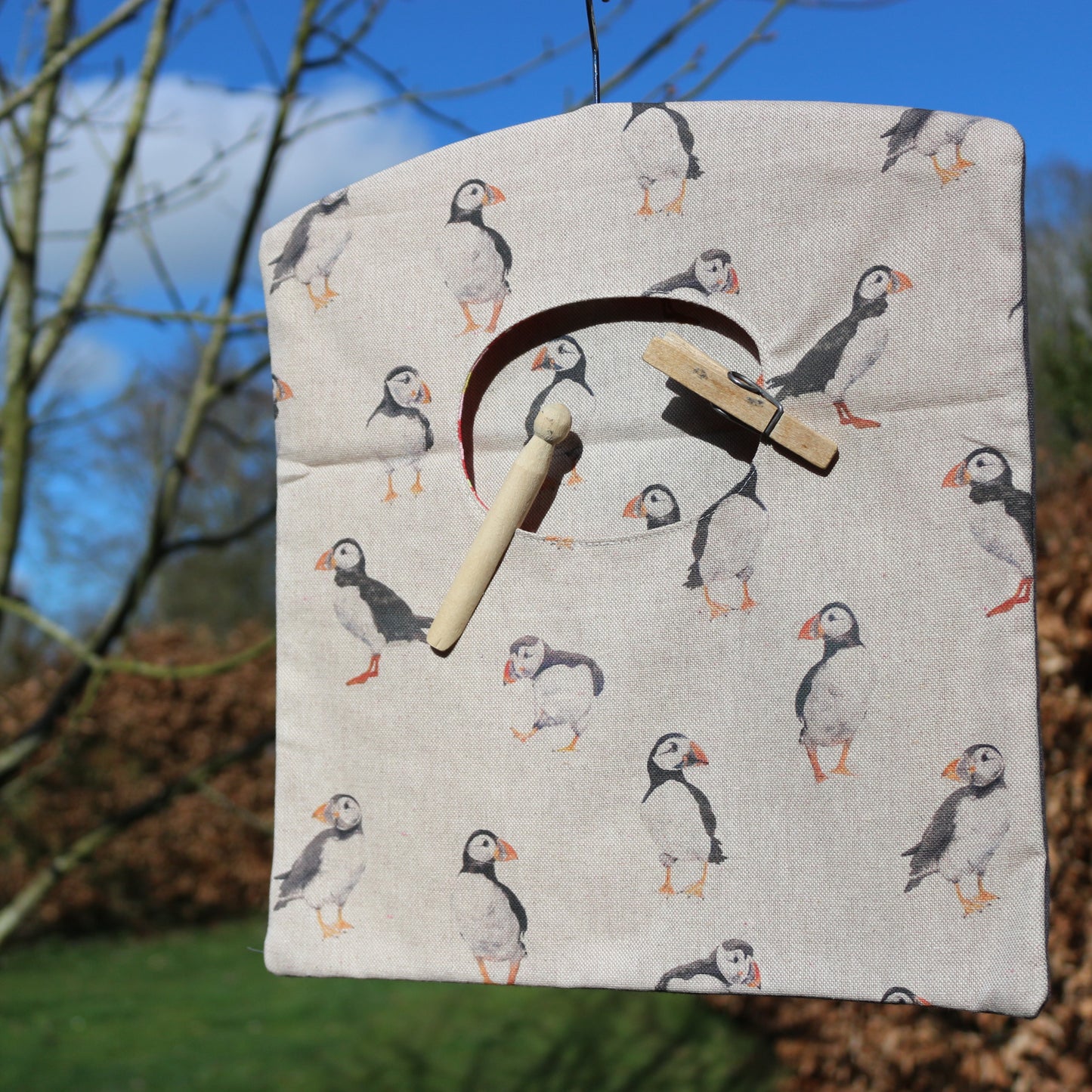 puffins peg bag hung outside in garden lifestyle