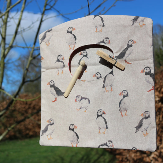 puffins peg bag hung outside in garden lifestyle