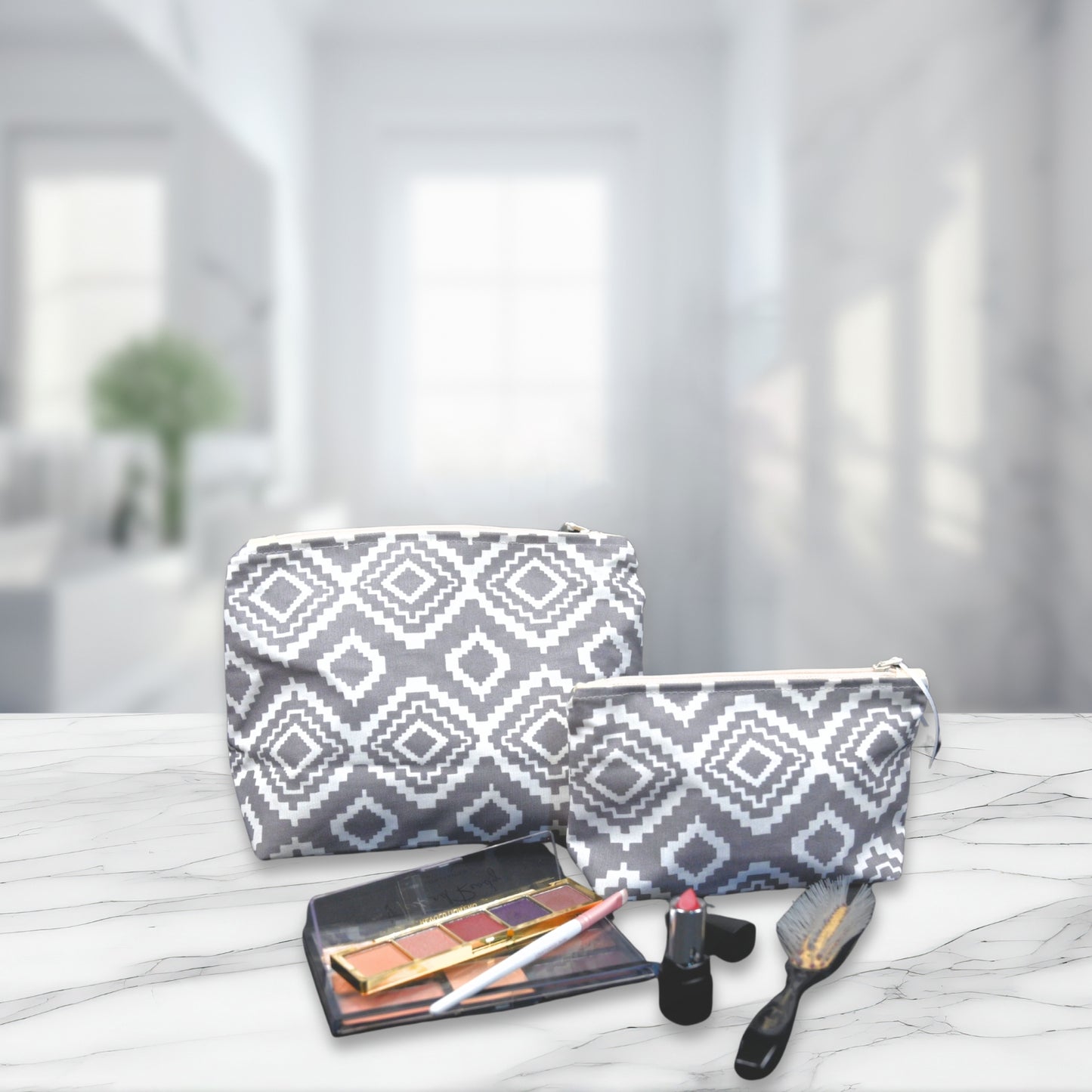 Cosmetic & Wash Bags - Grey Pattern
