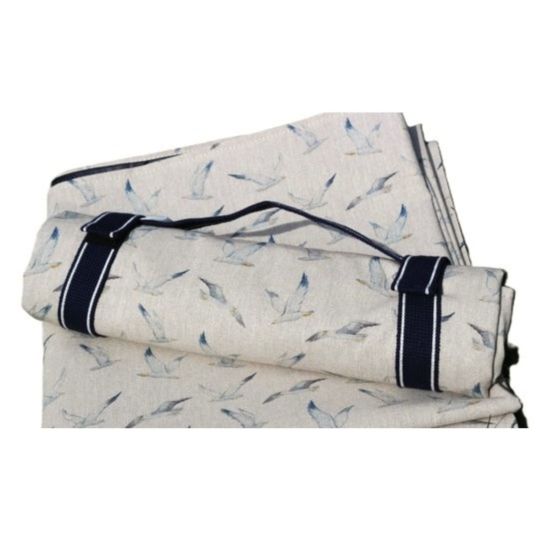seagulls picnic rug rolled up with strap