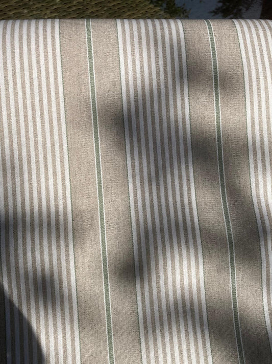 french green stripe print close up of table cloth