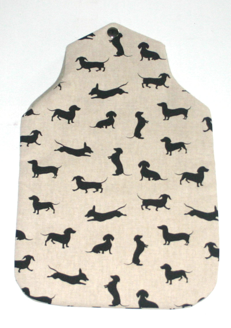 Padded Cotton Hot Water Bottle Cover. Black Dachshund