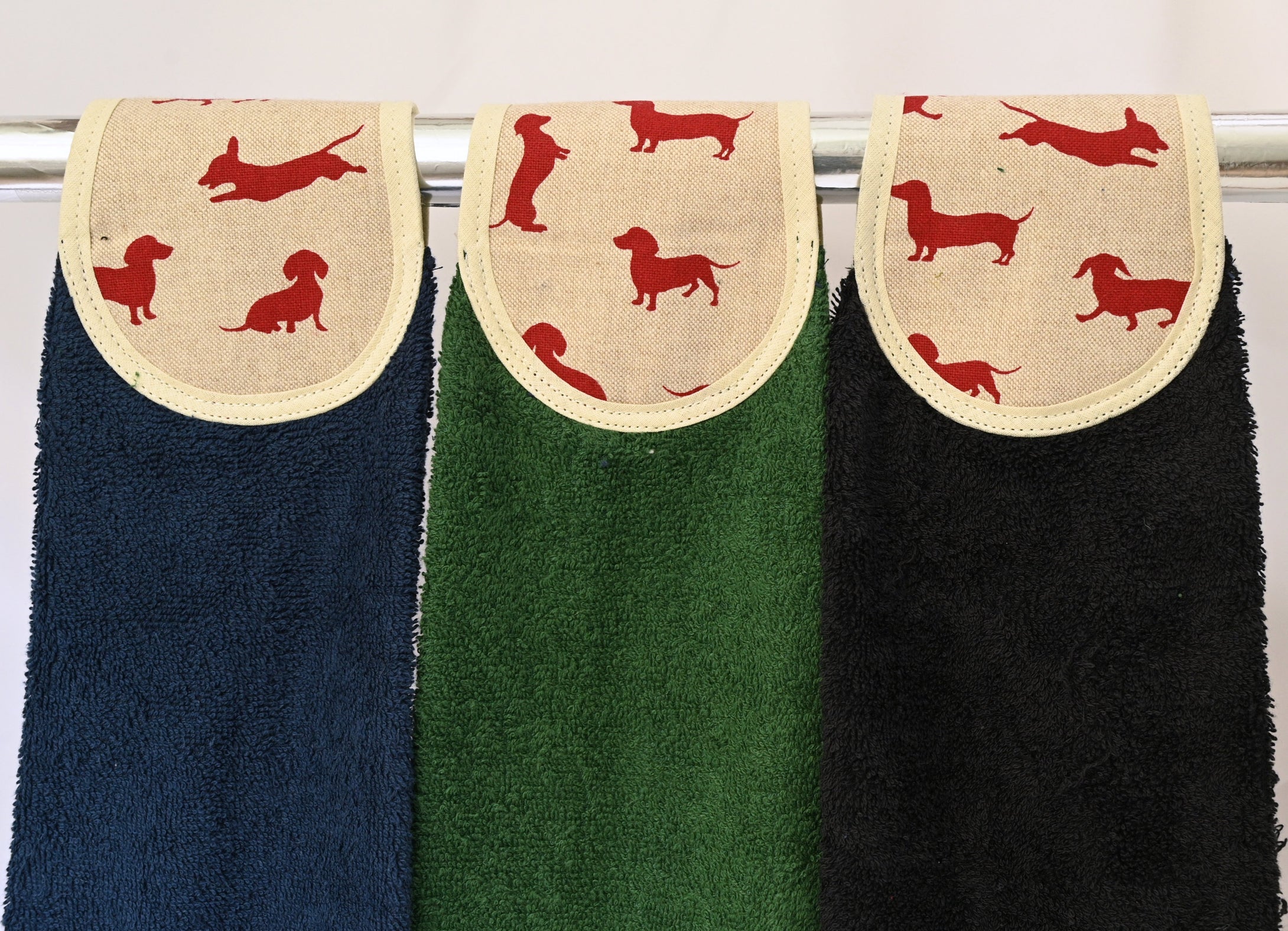 Hang ups, Kitchen towels, Red Dachshund on Black or Green Towel