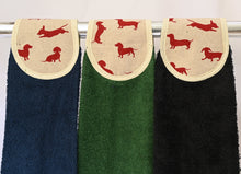 Load image into Gallery viewer, Hang ups, Kitchen towels, Red Dachshund on Black, Green or Navy Blue Towel
