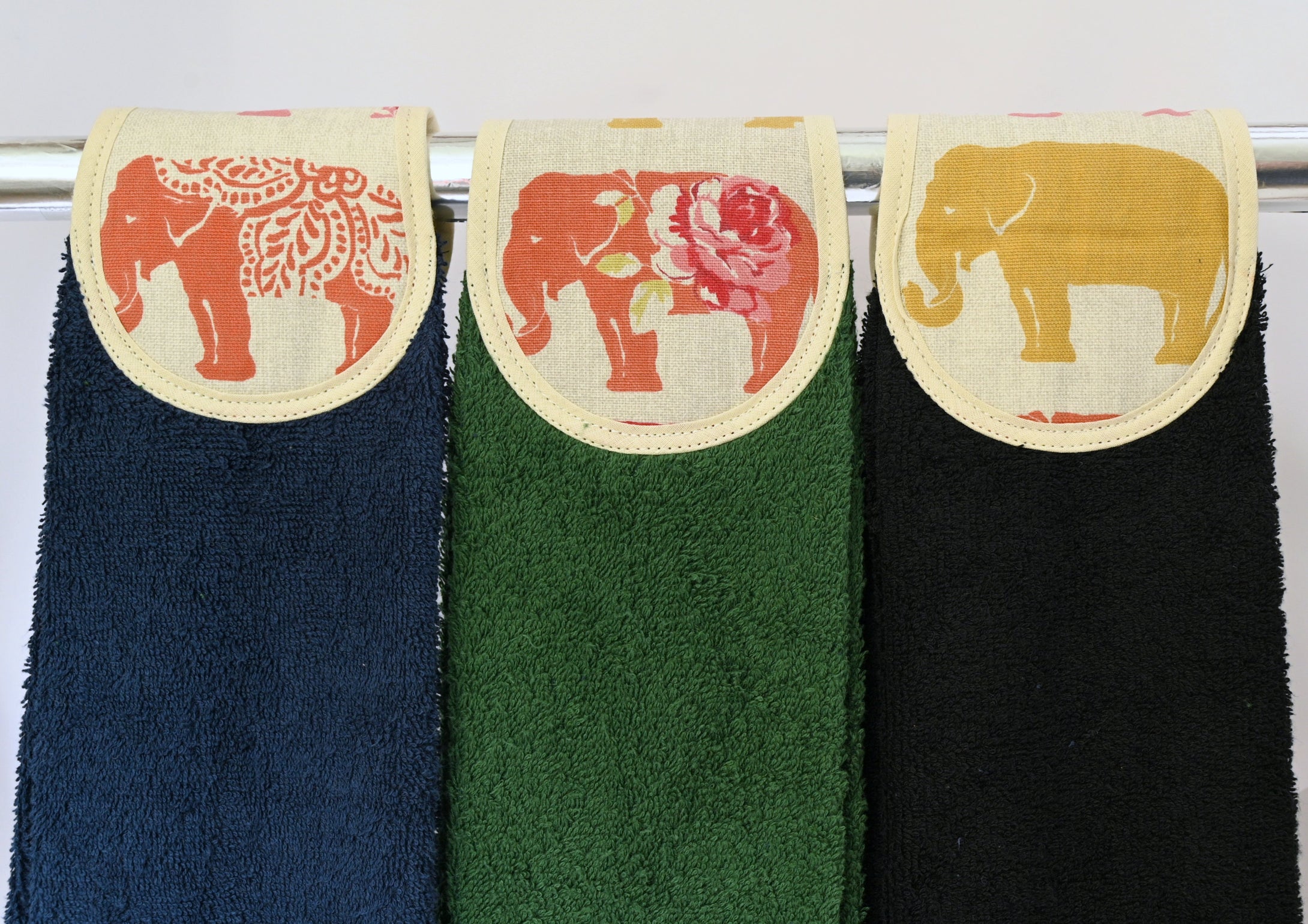 Hang ups, Kitchen towels, Spice Elephants on Navy Blue, Green or Black Towel