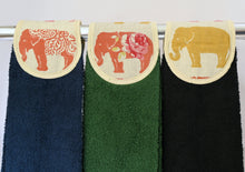 Load image into Gallery viewer, Hang ups, Kitchen towels, Spice Elephants on Navy Blue, Green or Black Towel
