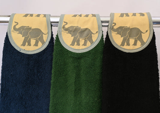navy, green and black yellow elephants hang ups on rail