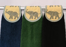 Load image into Gallery viewer, Hang ups, Kitchen towels, Yellow Elephants with Green, Black or Navy Blue Towel
