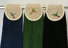 Load image into Gallery viewer, Hang ups, Kitchen towels, Humming Bird on Black, Navy Blue or Green Towel
