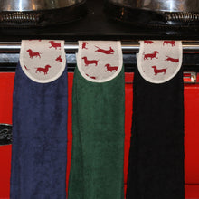 Load image into Gallery viewer, Hang ups, Kitchen towels, Red Dachshund on Black, Green or Navy Blue Towel
