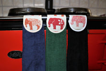 Load image into Gallery viewer, Hang ups, Kitchen towels, Spice Elephants on Navy Blue, Green or Black Towel
