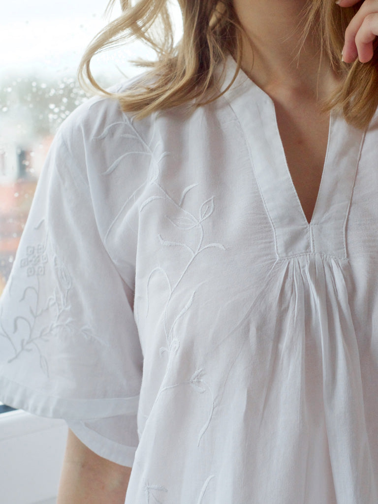 close up of sleeve and top half details of night dress