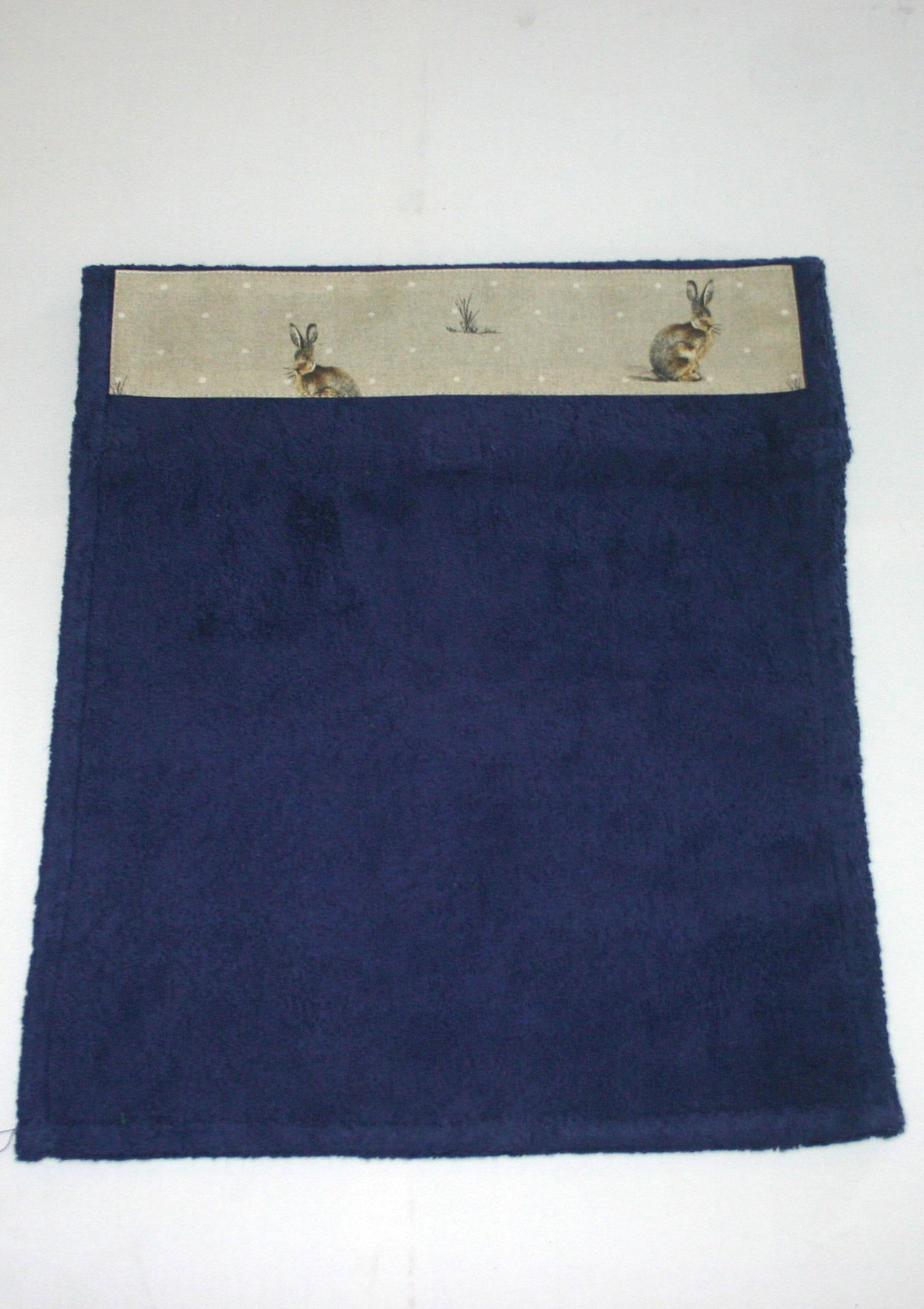 navy kitchen towel with hares design
