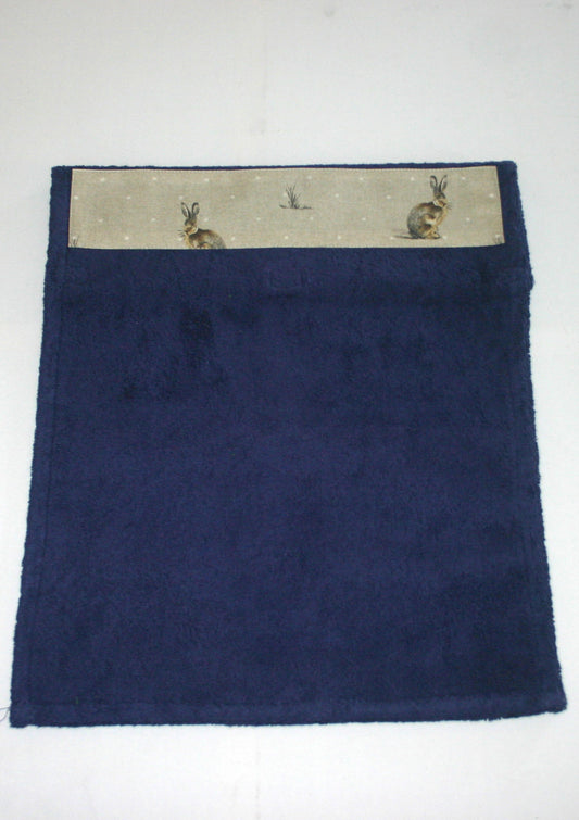 navy kitchen towel with hares design