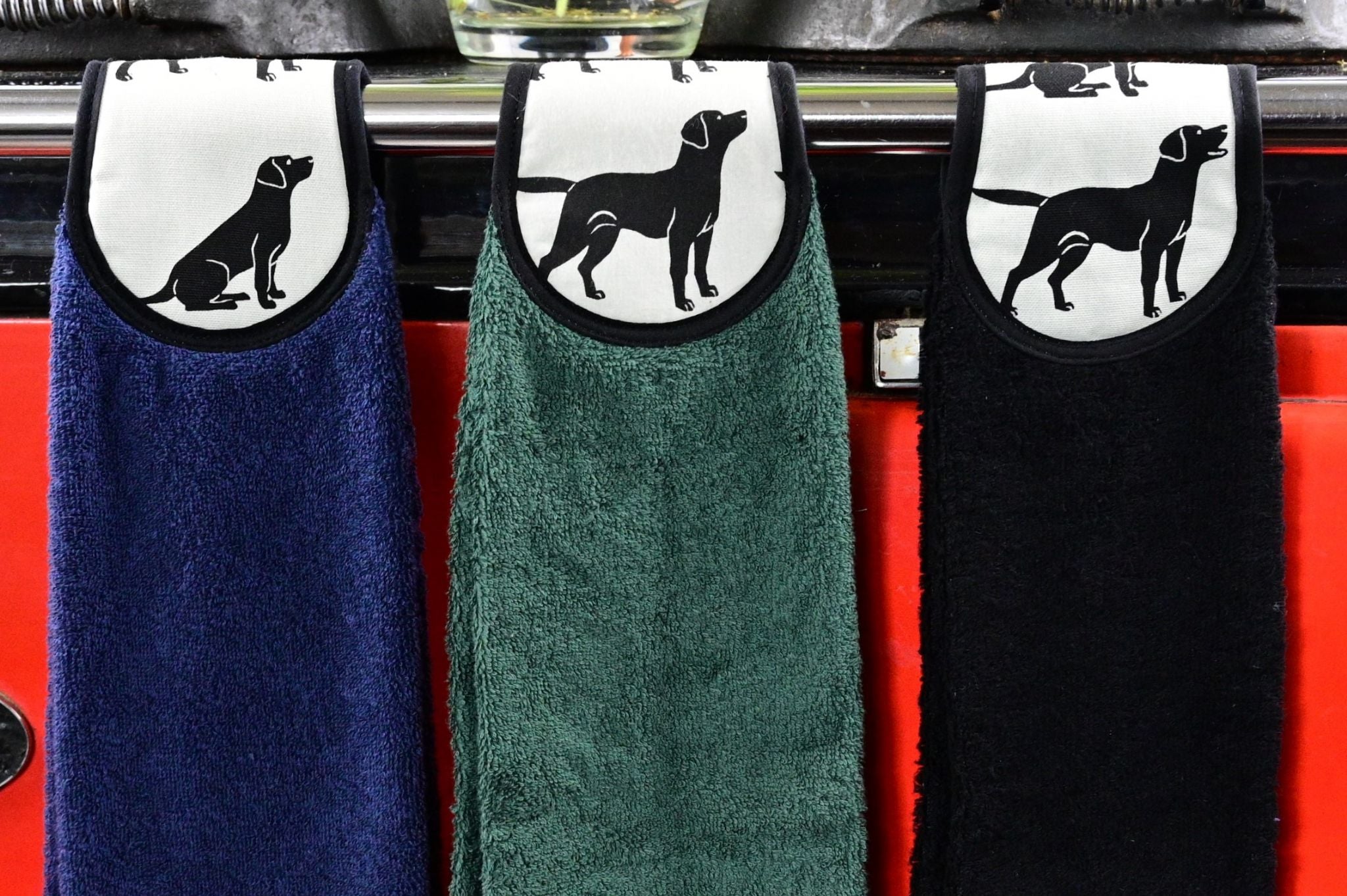 Hang Ups, Kitchen Towels, Black Labrador, Navy Blue, Black or Green Towel
