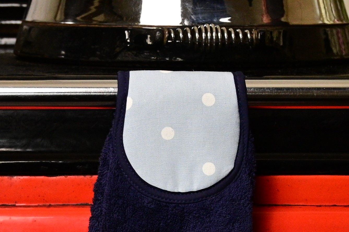 close up of blue spots hang up towel