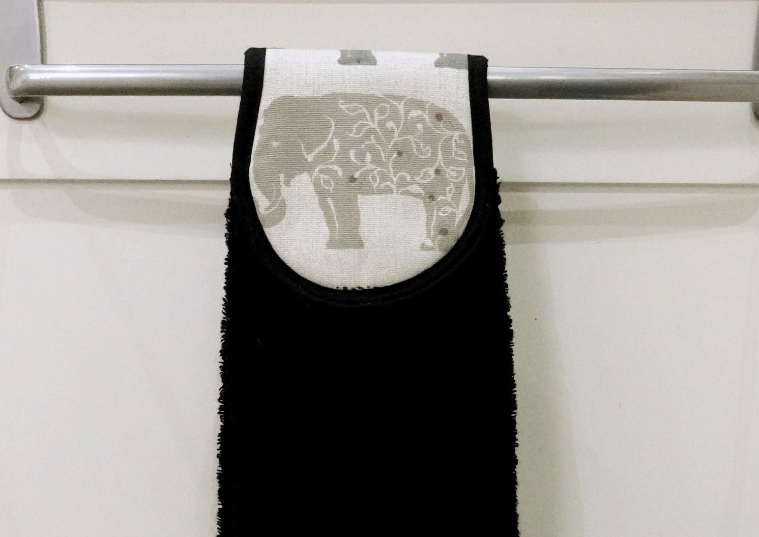 Hang ups, Kitchen towels, Grey Elephants on Black Towel
