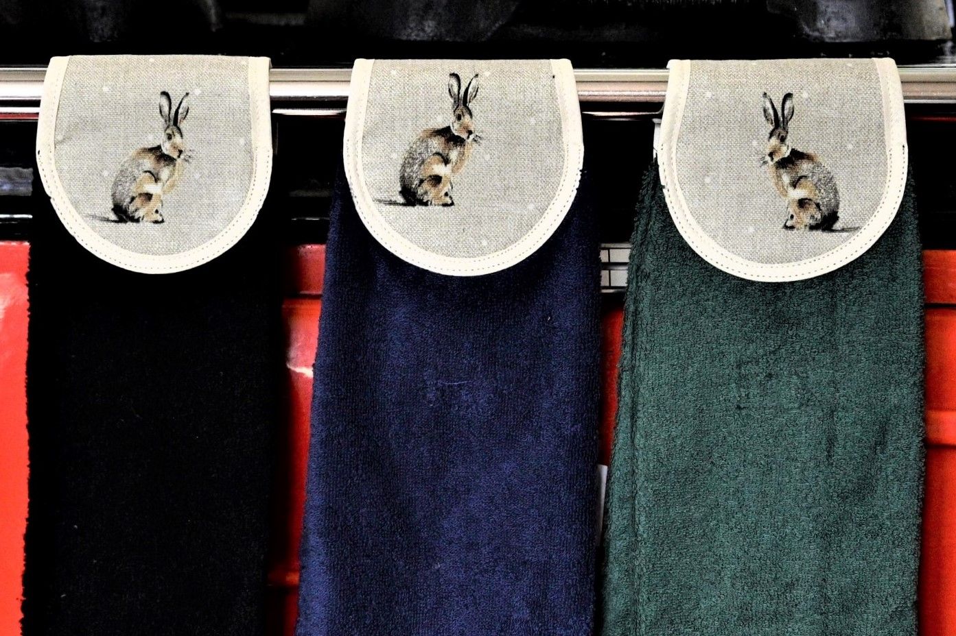 Hang ups, Kitchen towels, Hares with Black, Navy Blue or Green towel