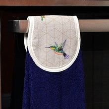 Load image into Gallery viewer, Hang ups, Kitchen towels, Humming Bird on Black, Navy Blue or Green Towel
