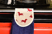 Load image into Gallery viewer, Hang ups, Kitchen towels, Red Dachshund on Black, Green or Navy Blue Towel
