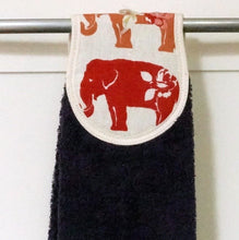 Load image into Gallery viewer, Hang ups, Kitchen towels, Spice Elephants on Navy Blue, Green or Black Towel
