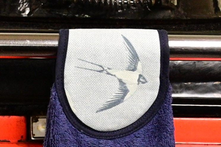 Hang ups, Kitchen towels, Swallows on Navy Blue Towel