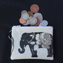 Load image into Gallery viewer, A grey elephant patterned waterproof zipped small mini wallet with a coin purse on top and a ring attachment on the side, displaying various coins and bills.
