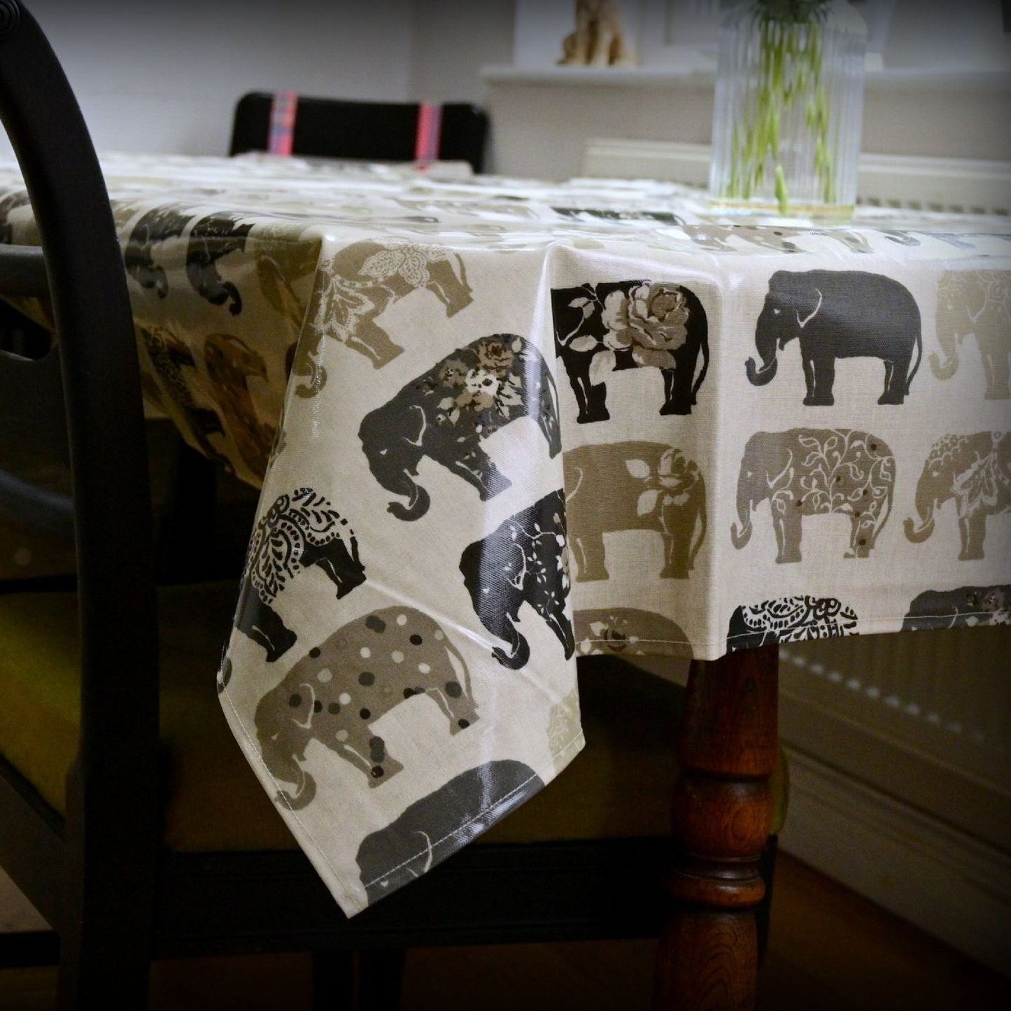 Tablecloth, Grey Elephants, in 5 sizes, Wipe Clean Oilcloth