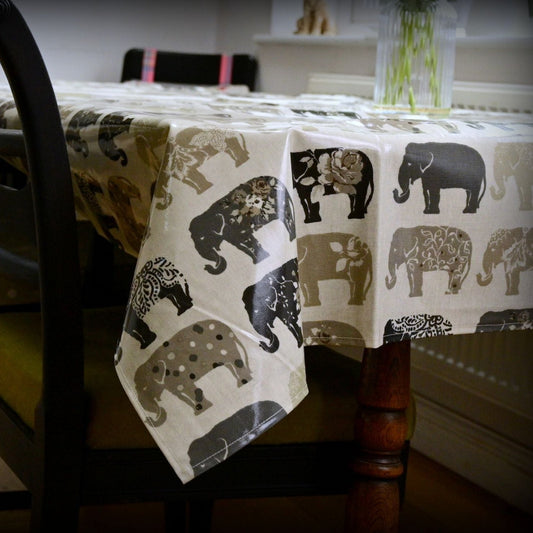 Tablecloth, Grey Elephants, in 5 sizes, Wipe Clean Oilcloth